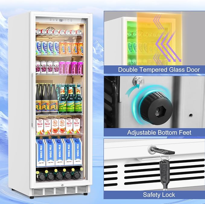FoMup Commercial Display Refrigerator with Reversible Glass Door, Upright Beverage Cooler Merchandiser, Drink Fridge with Door Lock for Restaurant Supermarket Convenience Store, 13.8 Cu.Ft