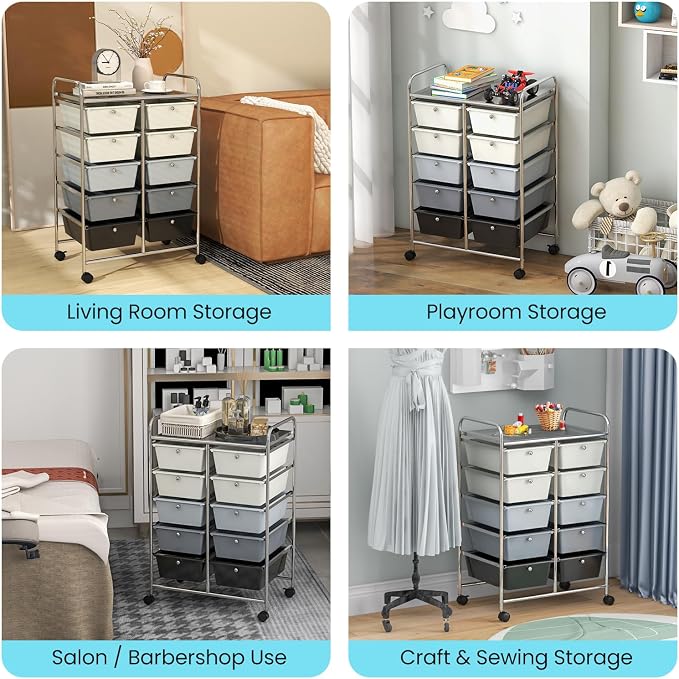 HOMGX Rolling Cart with 10 Drawers, 10 Tiers Multicolor Trolley, Drawer Bin Carts with 2 Lockable Wheels, Adjustable File & Debris Organizer Cart, Rolling Storage Cart for Office, School, Home
