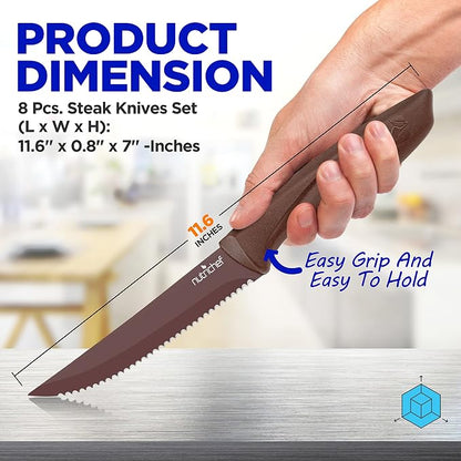 NutriChef 8 Piece Kitchen Knife Set - Multi-purpose Unbreakable Ergonomic Non-stick Stainless Steel Kitchen Steak Knives Set with Fully Serrated Blades - Great for BBQ Grill - NCSK8BW,Brown