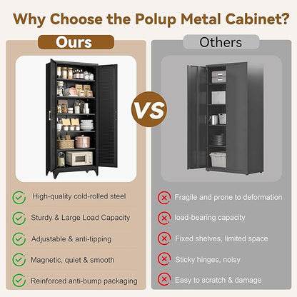 Polup 75" Metal Storage Cabinet with Doors and Shelves, Black Kitchen Pantry Cabinet, 6-Tier Freestanding Tall Storage Cabinet for Garage, Office, Bathroom, Laundry Room, Dining Room