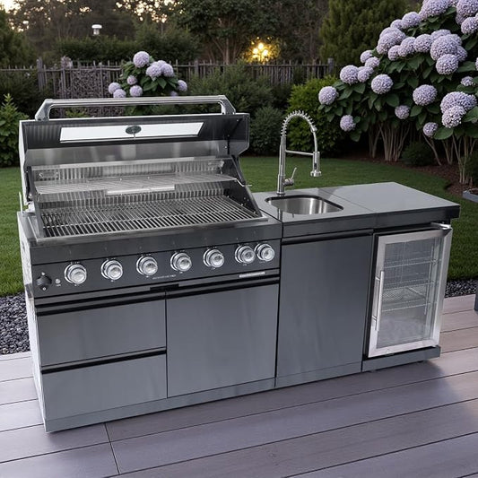 82 Inch 6 Burner 85000 BTU Deluxe Stainless Steel Gas BBQ Island Outdoor Kitchen with Wine Cooler, Rotisserie Kit, Granite Countertops & Stainless Steel Sink - Modular Outdoor Kitchen