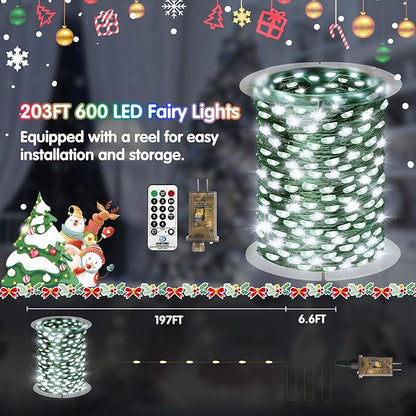 KNONEW 203FT Outdoor Christmas Fairy Lights Plug in,600 LED String Lights Outdoor Waterproof 8 Modes Memory Times for Wedding Bedroom Walls Garden Trees Decoration(Cool White)