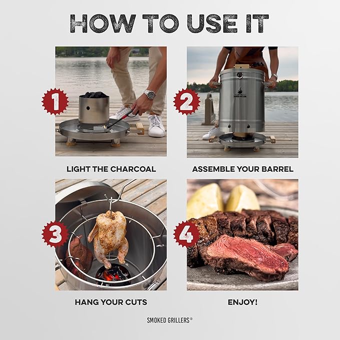 Barrel Smoker Grill Combo | 100% 304 Stainless Steel Barrel | 95% Less Smoke, Even Heat | Easy to Use & Clean – Vertical Smoker Ideal for Balconies and Backyards (SMALL-13 LBS)