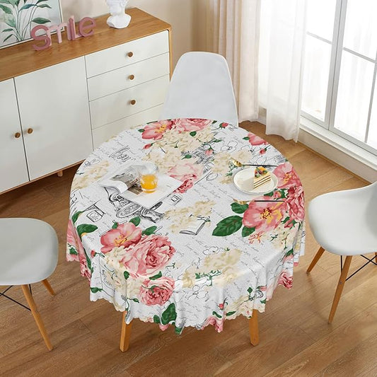 Modern Flowers Tablecloth 70 Inch Circle Vintage Style French Flower Seasonal Washable Wrinkle Free Spill Proof Polyester Wedding Birthday Round Table Cover for Dining Table Farmhouse Kitchen