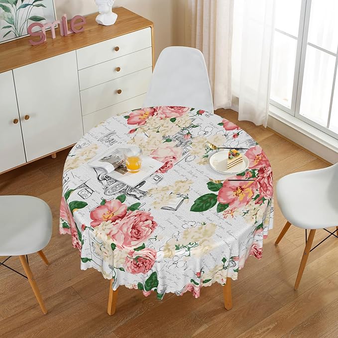 Modern Flowers Tablecloth 60 Inch Circle Vintage Style French Flower Seasonal Washable Wrinkle Free Spill Proof Polyester Wedding Birthday Round Table Cover for Dining Table Farmhouse Kitchen