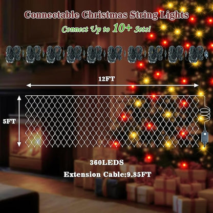 Christmas Net Lights 360 LED Outdoor 12FTx5FT Christmas Mesh Lights Connectable IP67 Waterproof Colorful Decorations Fairy String Light 8 Modes for Indoor Xmas Tree Bush Garden Decor Party-Multicolor