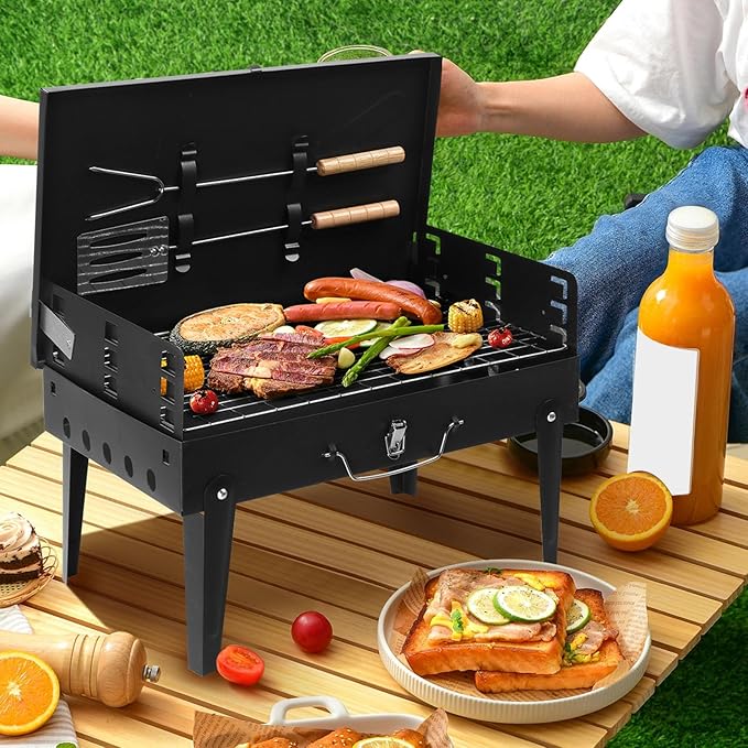 Portable Charcoal Grill, Foldable Barbecue Charcoal Grill, 3 Adjustable Height, BBQ Tool Kits for Outdoor Cooking Camping Hiking Picnics Tailgating Backpacking, Asadores de Carbon (Black)