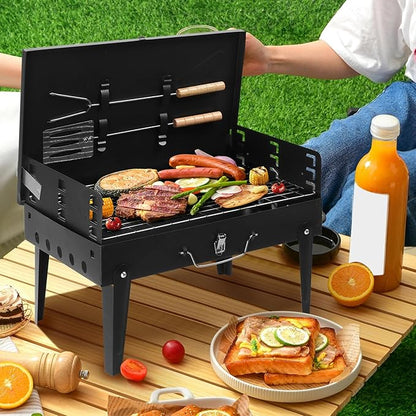 Portable Charcoal Grill, Foldable Barbecue Charcoal Grill, 3 Adjustable Height, BBQ Tool Kits for Outdoor Cooking Camping Hiking Picnics Tailgating Backpacking, Asadores de Carbon (Black)