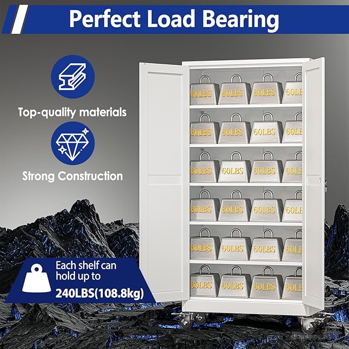 GAIOUS 73.6” Tall Metal Garage Storage Cabinet with Lock, Steel Tool Cabinet with 5 Adjustable Shelves, New Upgrade Lockable File Cabinet with Wheels, Organization for Home Office Garage Gym - White