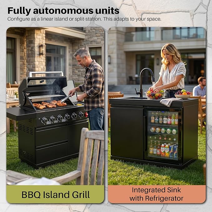 84 Inch Outdoor Kitchen Island Grill, 6 Burner 75300 BTU Stainless Steel Propane Gas Grill Island with Sink and Refrigerator, Modular BBQ Barbecue Island with Granite Countertop and Rotisserie Kit