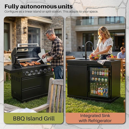 84 Inch Outdoor Kitchen Island Grill, 6 Burner 75300 BTU Stainless Steel Propane Gas Grill Island with Sink and Refrigerator, Modular BBQ Barbecue Island with Granite Countertop and Rotisserie Kit