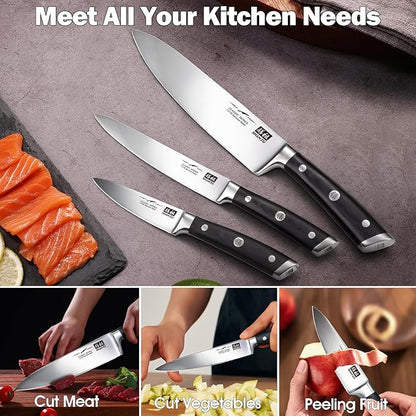 SHAN ZU Kitchen Knife Sets 3pcs, Professional German 5Cr15MoV Stainless Steel, High Carbon Steel Knives Sets, Ultra Sharp Ergonomic Wood Handle & Full Tang Design, Gift Box Included