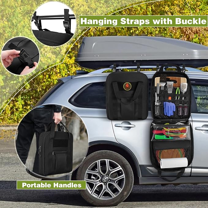 HODRANT Hanging Camp Utensil Organizer with Towel Paper Holder for Travel | Portable Camping Kitchen Cookware Bag for Knives, Forks, Spoons & More, Outdoor Cooking Tools Storage Box, Bag Only