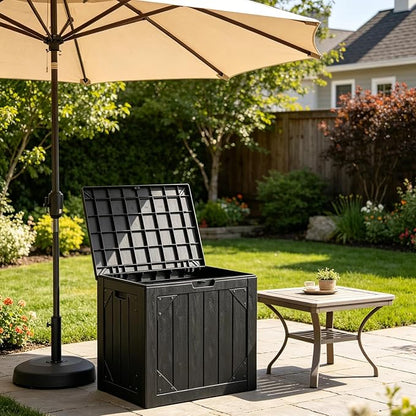 31 Gallon Outdoor Deck Box 4 Pack, Waterproof Resin Patio Storage Boxes with Lockable Lid, Small Outdoor Storage for Cushions, Accessories, Garden Tools, Indoor Outdoor Organizer, Black
