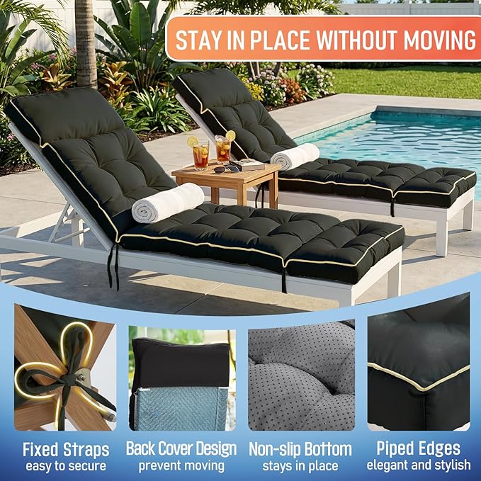 MAGIC ELEPHANT Chaise Lounge Cushion Outdoor, Memory Foam Patio Lounge Chair Cushion with Ties for Indoor Outdoor Furniture, Waterproof Replacement Long Chair Cushion (Black)