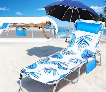 Luxfero 3-in-1 Beach Lounge Chair with Umbrella, Sun Tanning Chair with Face Hole&5-Position Recliner, Folding Lounge Chair Outdoor Lay Flat, Max 350lbs,Portable Tanning Chair with Pillow&Pocket-White