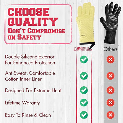 KITCHEN PERFECTION S Silicone Smoker Oven Gloves for Women -Extreme Heat Resistant BBQ Gloves -Handle Hot Food Right on Your Grill Fryer |Waterproof Oven Mitts Cooking Gloves |Superior Set+3 Bonuses