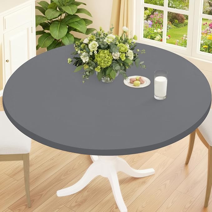Smiry Round Spandex Tablecloth, Elastic Fitted Washable Tablecloths for 18"-24" Tables, Waterpoof Stretch Picnic Table Cover for Dining, Indoor and Outdoor, Grey