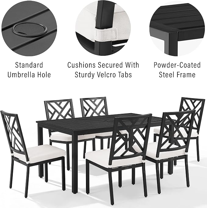 Crosley Furniture Locke 7-Piece Outdoor Dining Set for 6, Patio Table and Chairs for Backyard, Deck, Matte Black with Creme Cushions