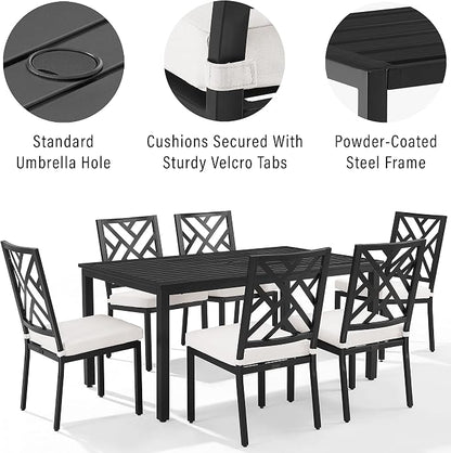 Crosley Furniture Locke 7-Piece Outdoor Dining Set for 6, Patio Table and Chairs for Backyard, Deck, Matte Black with Creme Cushions