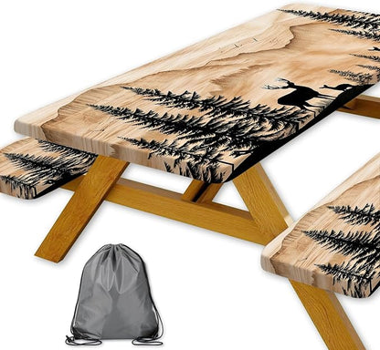 Picnic Table Cover with Bench Covers Camping Essentials Rustic Hunting Deer Forest Waterproof Windproof Camping Tablecloth Fitted Tablecloth Cover with Elastic Edge for Indoor Outdoor 3 PCS 30x72 Inch