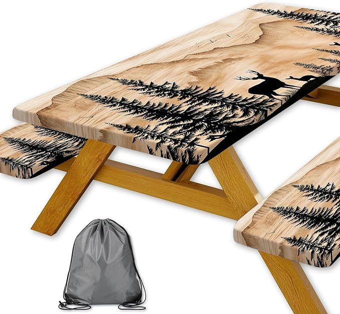 Picnic Table Cover with Bench Covers Camping Essentials Rustic Hunting Deer Forest Waterproof Windproof Camping Tablecloth Fitted Tablecloth Cover with Elastic Edge for Indoor Outdoor 3 PCS 30x60 Inch