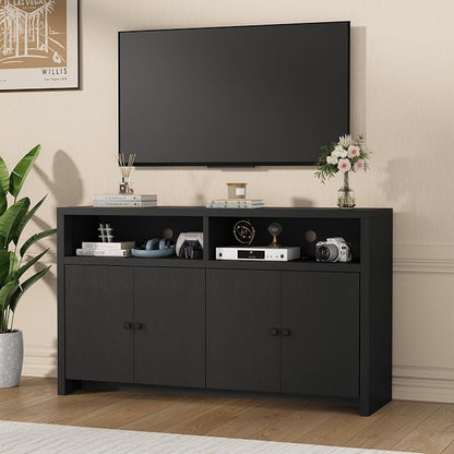 Buffet Sideboard Cabinet with Storage, 55" Kitchen Storage Cabinet, Black | 4 Doors & Adjustable Shelves, Farmhouse Wood Coffee Bar Cabinet for Kitchen, Dining Room, Living Room