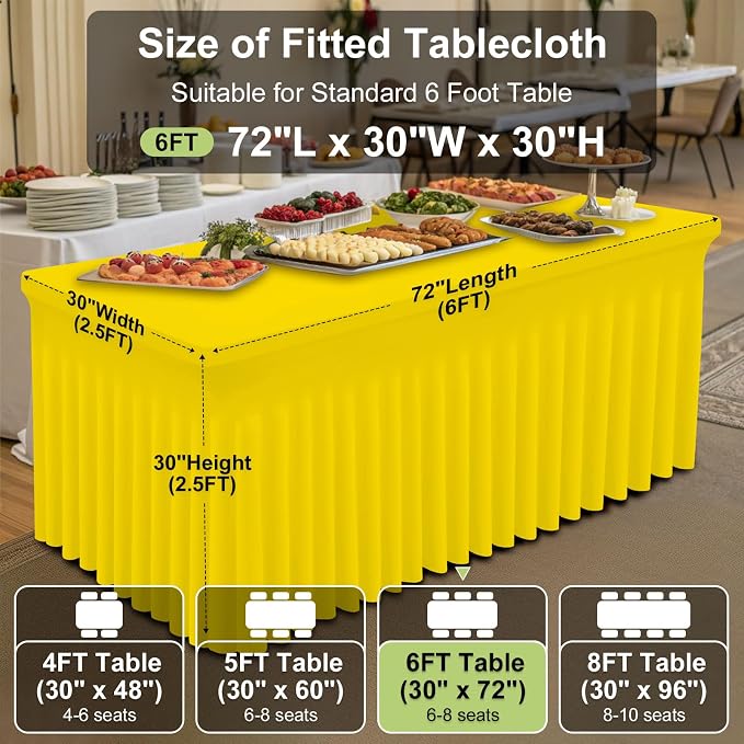 Smiry Spandex Elastic Fitted Table Cloth Skirt for 6FT Rectangle Table | Stretch Washable Table Cloth, Banquet Table Cover for Wedding, Party, Indoor & Trade Shows, (Yellow, 72Lx30Wx30H)