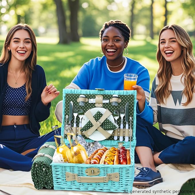 YPshuye Wicker Picnic Basket Set for 4, Blanket, Cooler Bag, Green Dots | Four-Person Wicker Set Includes Tableware, Insulated Food Storage and Waterproof Blanket for Parks, Camping, Dates and Gifts