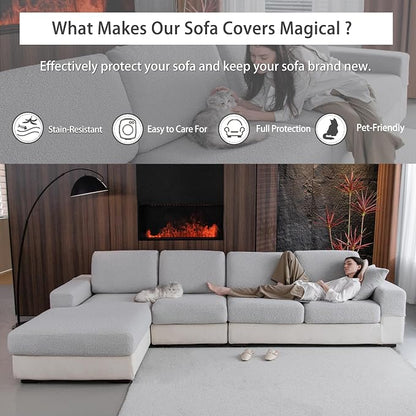 OHSIO Couch Cushion Covers for Sectional Sofa, Stretch Soft Sofa Slipcovers Washable Wear-Resistant Universal Furniture Protector for Living Room(2 Seaters Covers+1 Chaise Cover, Light Gray)
