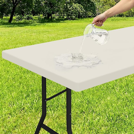 Smiry Rectangle Tablecloth, Elastic Fitted Flannel Backed Vinyl Tablecloths for 8ft Folding Tables, Waterproof Wipeable Table Covers for Indoor, Outdoor, Picnic and Camping (Beige, 36"x96")