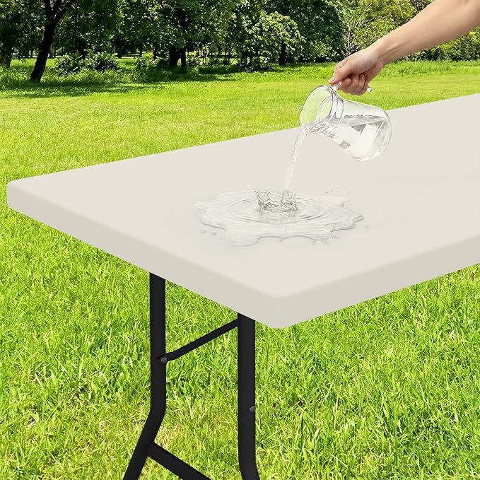 Smiry Rectangle Tablecloth, Elastic Fitted Flannel Backed Vinyl Tablecloths for 4ft Folding Tables, Waterproof Wipeable Table Covers for Indoor, Outdoor, Picnic and Camping (Beige, 30"x48")