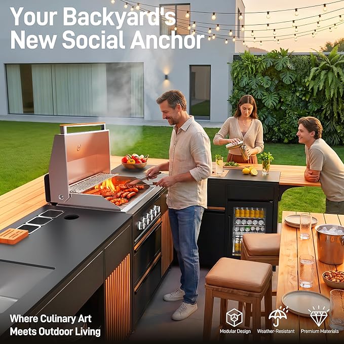 Outdoor Kitchen Island with Natural Teak and Powder Coated Stainless Steel Cabinet, LP Grill, Sink, Fridge, Movable BBQ Station Set for Backyard, Patio, Garden, Deck, Terrace (Grey, 4 SET)