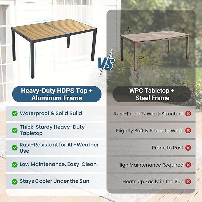Patio Table and Chairs for 6, Outdoor Patio Dining Furniture Set with Aluminum Table and Metal Textilene Chairs, All-Weather Patio Table Set with HDPS Rectangular Tabletop for Garden Porch