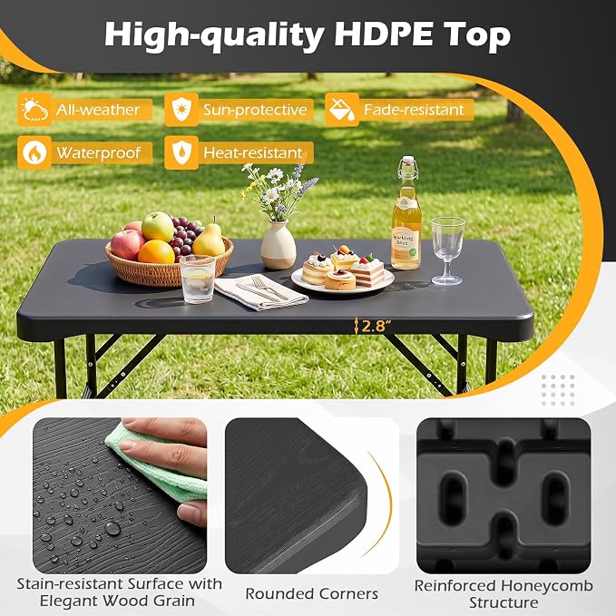 Giantex Folding Picnic Table Bench Set, Rectangular Patio Dining Table Set for 4, with HDPE Tabletop, Metal Frame, Space-Saving and Portable for Camping Party Dining BBQ (Black)