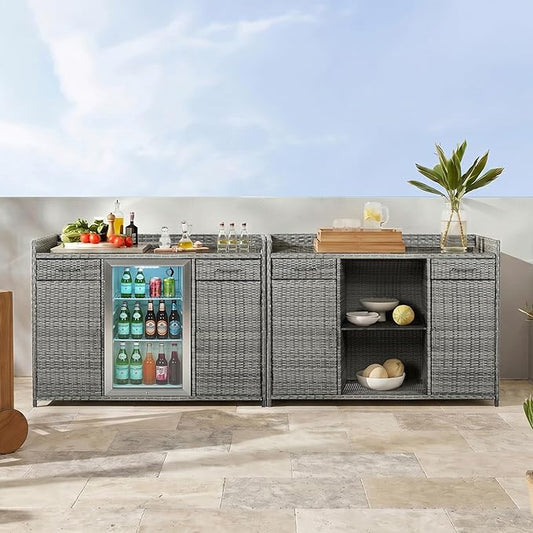 RUNNA 53.5" W Outdoor Wicker Storage Cabinet with Fridge Space,Weatherproof Outdoor Mini Fridge Bar Cabinet with Adjustable Shelves & Drawers for Pool Towel Storage,Garden,Kitchen (Grey#64)