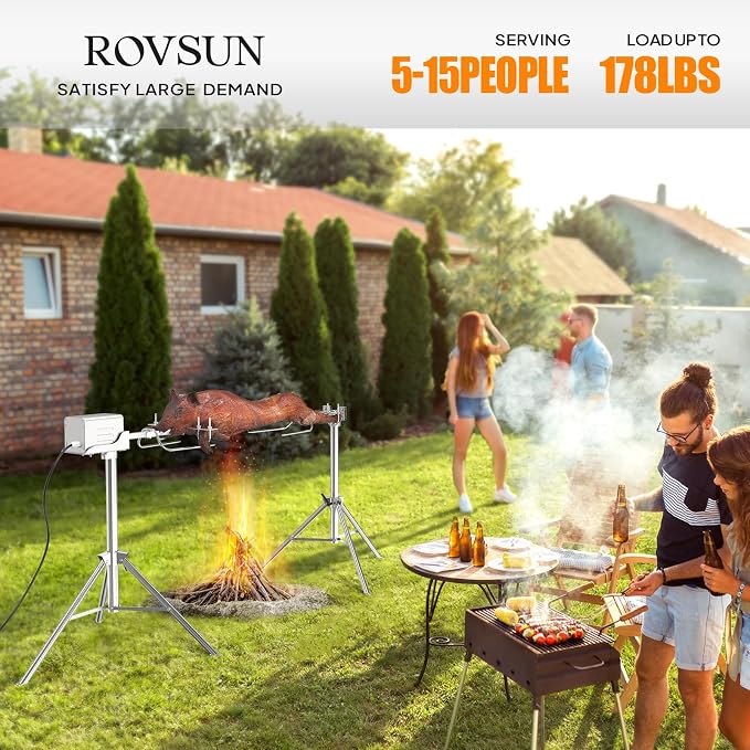 ROVSUN Electric BBQ Rotisserie Grill Kit, 46 Inch 176 Lbs Capacity, Height Adjustable Universal Roaster Stand, Automatic Stainless Steel Grilling Kit for Pig Lamb Outdoor Party Camping