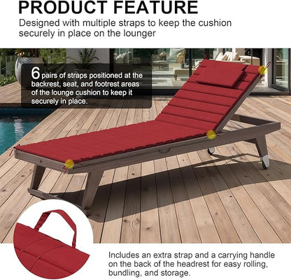 Crestlive Products Chaise Lounge Cushion Outdoor Set of 2, Foldable Waterproof Pool Lounge Chair Cushions with Straps, Lounger Cushions for Outdoor Furniture, 71''Lx21''W (Chili)