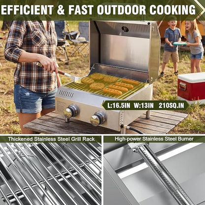 Bestfire Tabletop 2-Burner Gas Grill, 20,000 BTU Stainless Steel Portable Propane Grill, Removable Legs, Push-Button Ignition, Thermometer, for Outdoor Patio, Camping, Tailgating & RV