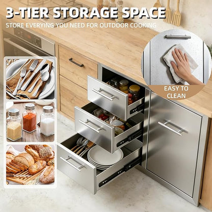Outdoor Kitchen Drawers Combo Stainless Steel Flush Mount Outdoor Kitchen Cabinets Triple Drawer and Trash Drawer Combo for Outdoor Kitchens & BBQ Islands 28.6" W x 22.6" H x 21.5" D