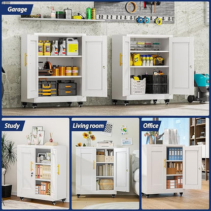 PAOFIN Metal Storage Cabinet-35” Tall Steel File Cabinets with Lockable Doors and Adjustable Shelves, Steel Tool Cabinet with Wheel for Home, School, Office, Garage White