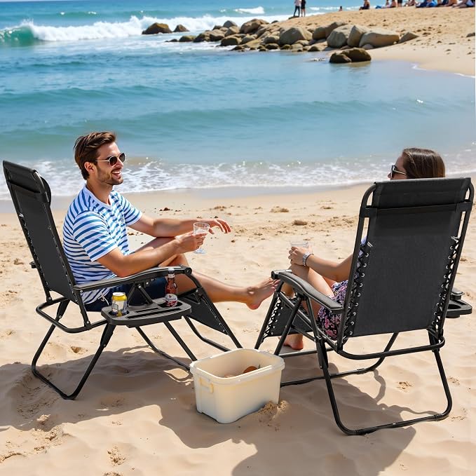 Greesum Zero Gravity Chairs Set of 2 Adjustable Steel Mesh Recliners Beach Deck Lawn Camping Patio Foldable Lounge Chair with Cup Holder Trays and Pillows,Dark Black