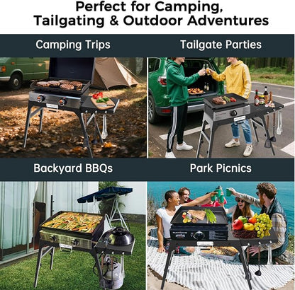 Foldable and Portable Stand for Blackstone 17" & 22" Griddles | Heavy-Duty Outdoor Grill Table with Adjustable Legs, Side Shelf, Utensil Hooks, BBQ Stand for Camping, Tailgating, Backyard