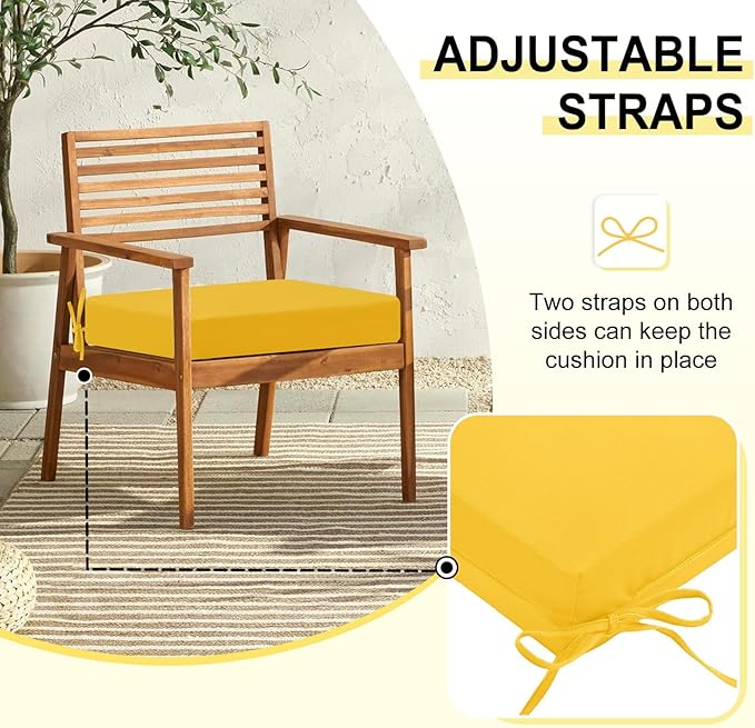 downluxe Outdoor Chair Cushions Set of 2 for Patio Furniture, Water-Resistant Square Corner Patio Chair Cushions with Ties, High Density Foam Outdoor Seat Cushion, 18.5" X 16" X 3", Yellow