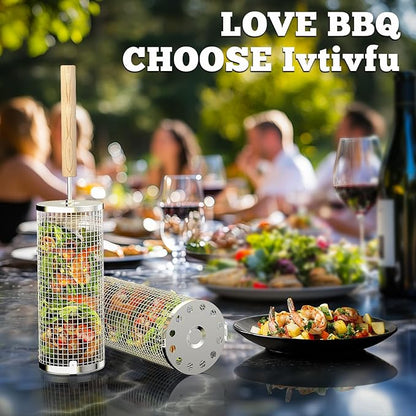 ivtivfu Rolling Grill Basket, Removable Wooden Handle, 304 Stainless Steel, Nesting BBQ Tools, Smoker Grilling Accessories for Vegetable, Outdoor Cooking Camping, Birthday Gifts for Men Dad Husband