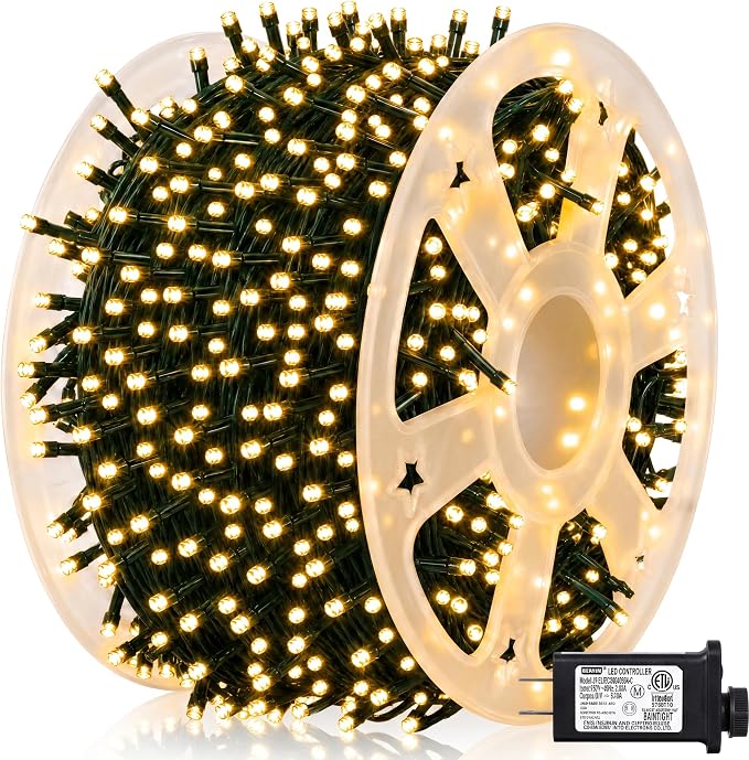 Dazzle Bright 164 FT 500 LED Christmas String Lights, Waterproof Green Wire String Lights with 8 Modes, Outdoor Christmas Decorations for Indoor Garden Party Yard Decor (Warm White)