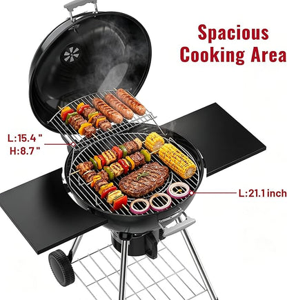 Kettle Charcoal Grill with Porcelain-Enameled Lid & Ash Cup, Adjustable Vents, Foldable Side Table for Outdoor Barbecue, Patio and Picnics, Black