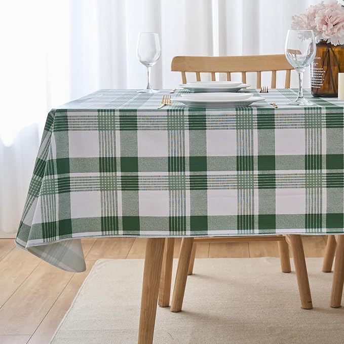 NLMUVW Vinyl Tablecloth with Flannel Backing 8ft Rectangle, 100% Waterproof PVC Table Cloth Wipe Clean Table Cover for Dining Party Camping Outdoor, Green Check, 60 X 120 Inch