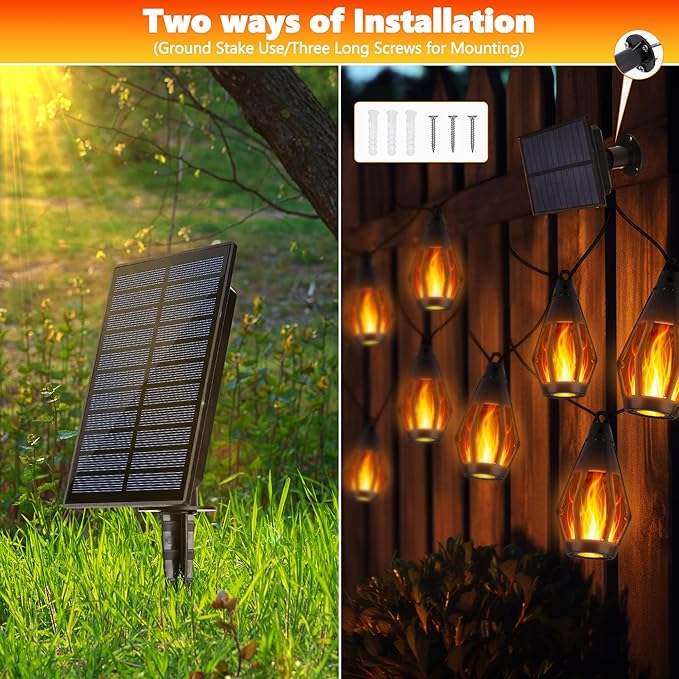 Flacchi Solar String Lights Outdoor, 41FT Flame Solar Powered Patio Lights with 15 Bulbs 150 LEDs, Waterproof Outdoor String Lights for Garden Yard Patio Decor, Outside Decor for Party Camping BBQ