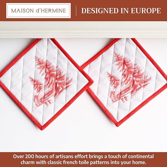 Maison d' Hermine Pot Holders Set 100% Cotton Heat Resistant Potholders 8" x 8" Hot Pads with Loop for Thanksgiving Christmas Decorations BBQ Cooking Baking Handling Hot Pans (Pack of 2, Winter Jouy)